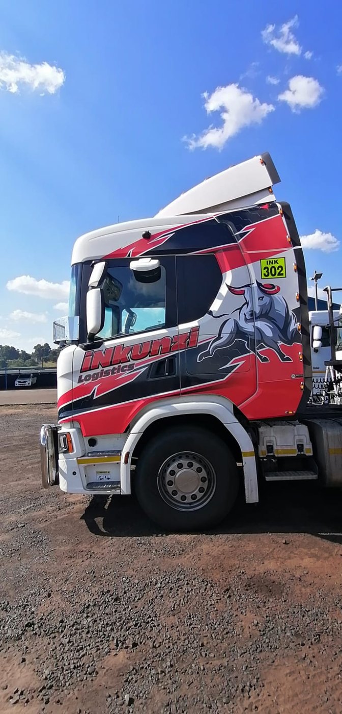 Scania truck cab wrap and charging bull livery for iNkunzi Logistics